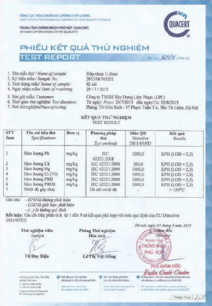 Phiếu kết quả thử nghiệm UBOT